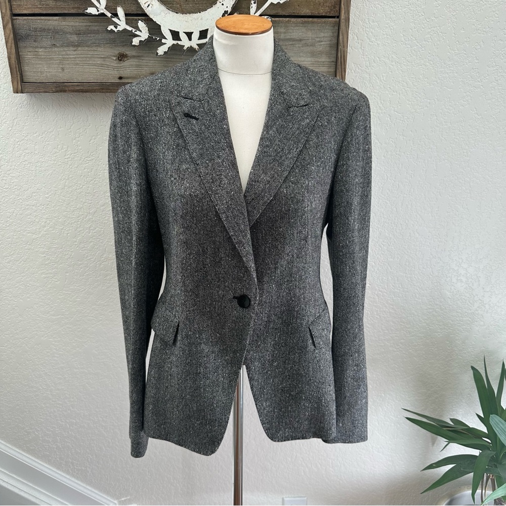 Donna Karan Signature Wool Cashmere blend Women's Black Tweed Blazer jacket US12